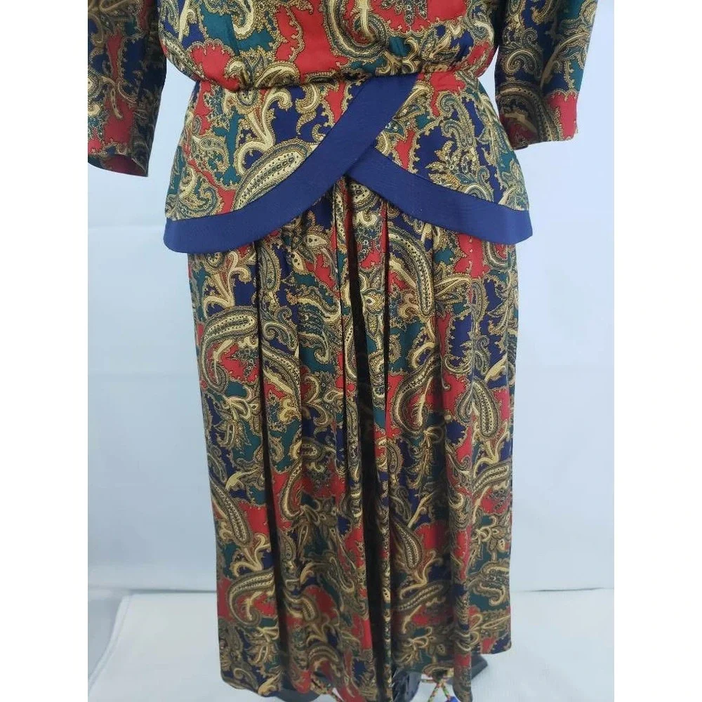 Lisa Petites Womens Peplum Dress Khaki Tan Red Paisley 3/4 Sleeve Vintage 10 U10